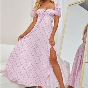 Puff Sleeve High Split Floral Print Dress